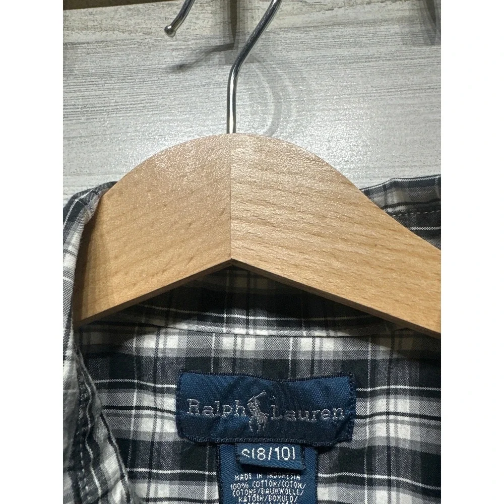 Ralph Lauren Button Down Kids Size 8/10 Black‎ White Plaid Long Sleeve EUC